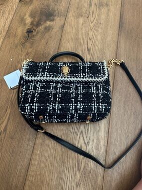 Kurt Geiger Black Tweed Sequin Top-Handle Crossbody with Gold Chain